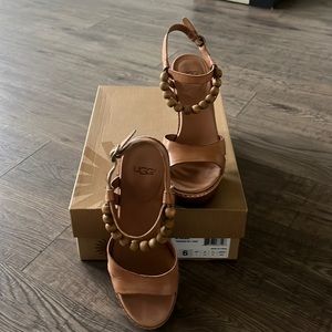 Ugg, Tan leather and wooden platform heel strap sandals. Size 6